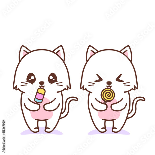 cute happy cat licking lolipop and ice cream