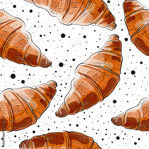 Cartoon realistic croissant seamless pattern with polka dots. Vector