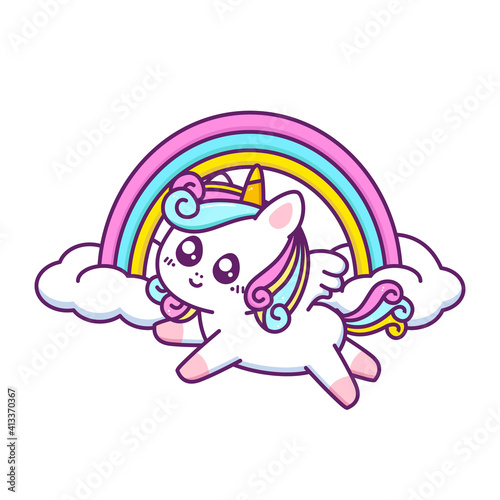 cute happy unicorn flying with rainbow