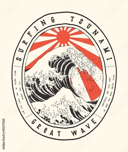 Stampa su tela Surfing great wave off Kanagawa under the rays of the rising sun of empire
