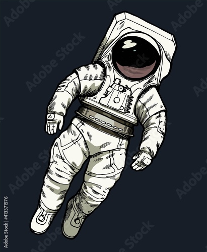 Astronaut floating in the outer space wearing new american space suit. Isolated space illustration.
