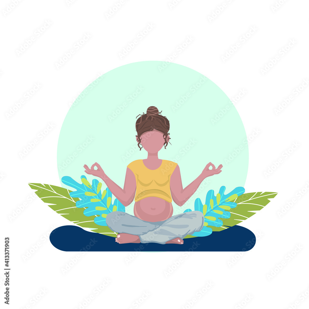 A pregnant young woman in a Yoga pose with green leaves on the background. A banner, poster for Medical, Pregnancy projects. A flat illustration. Vector.  EPS 10. 