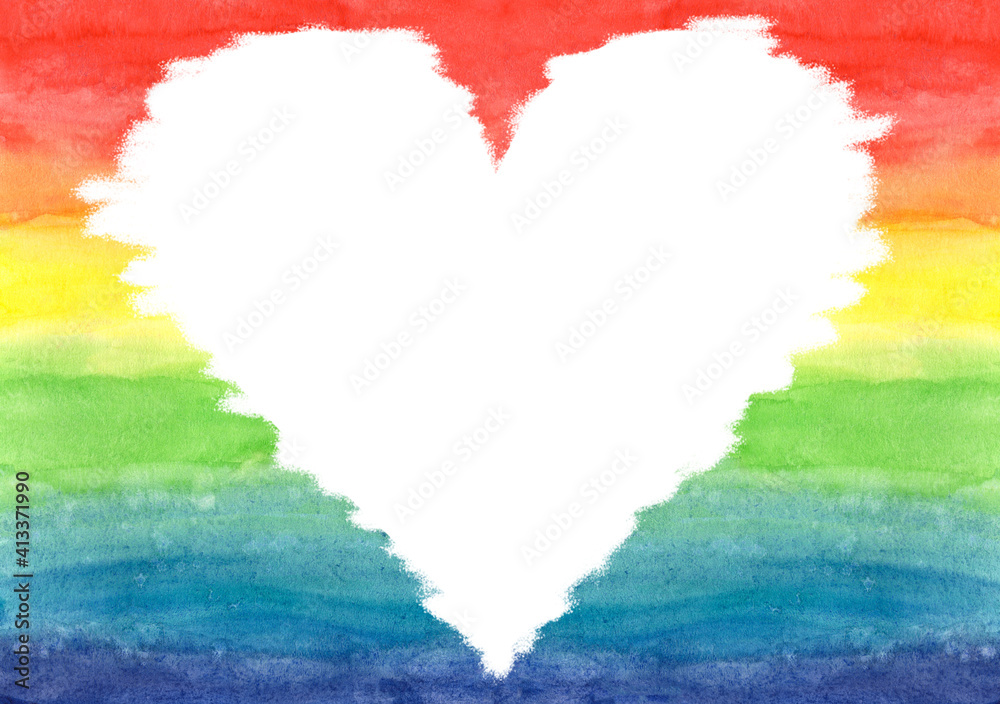 LGBT Valentine's Day of gays, lesbians, bisexual and transgender. Rainbow flag in watercolor. Minimalistic Romantic illustration for wedding, festive postcards, packages, wallpapers and prints.