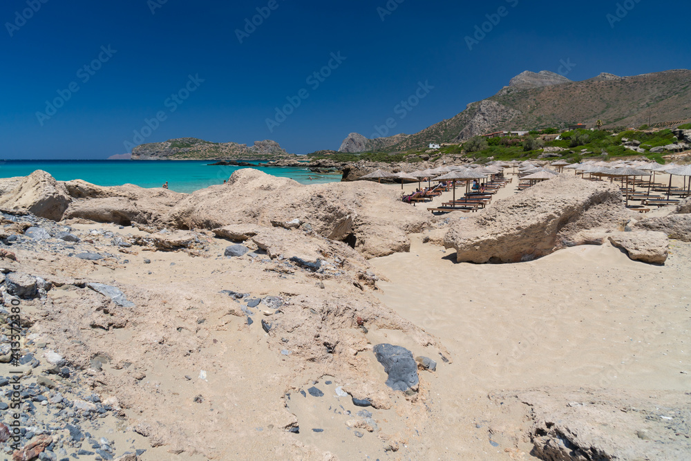 Beautiful turquoise beach Falasarna (Falassarna) in Crete, Greece. View of famous paradise sandy deep turquoise beach of Falasarna (Phalasarna) in North West, Crete island, Greece.