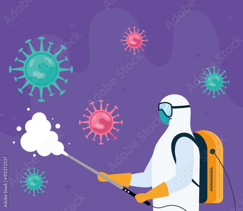 worker wearing biohazard suit disinfecting and covid19 particles vector illustration design
