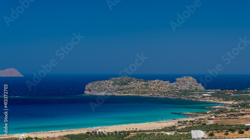 Shot of beautiful turquoise beach Falasarna (Falassarna) in Crete, Greece. View of famous paradise sandy deep turquoise beach of Falasarna (Phalasarna) in North West, Crete island, Greece. © Marcin