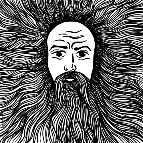 Graphic face of a bearded and long-haired man. Vector illustration