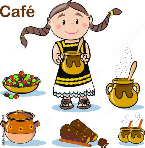 Cocinera Mexicana, café de olla, tazas de café, jarros de cafe, dibujos animados, mujer con trenzas. 
