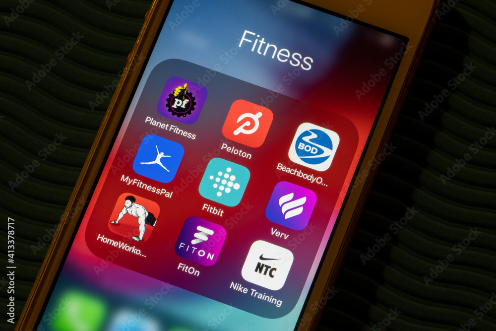 Portland, OR, USA - Feb 12, 2021: Assorted fitness apps are seen on an  iPhone - Planet Fitness,