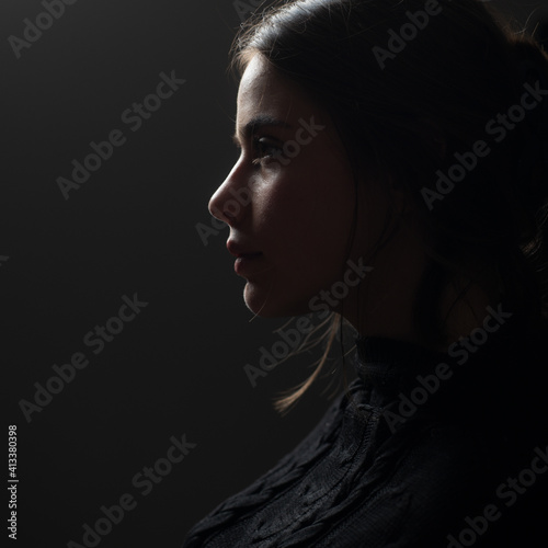 Women profile portrait. Nude makeup. Silhouette girl, side view.
