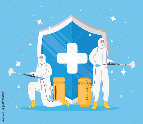 workers wearing biohazard suits and shield characters vector illustration design