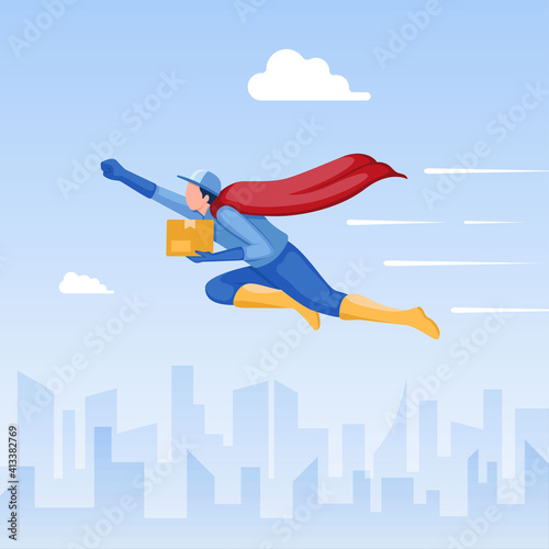 Express delivery concept. Superhero courier flying fast carrying package delivered to customer in cartoon flat vector illustration
