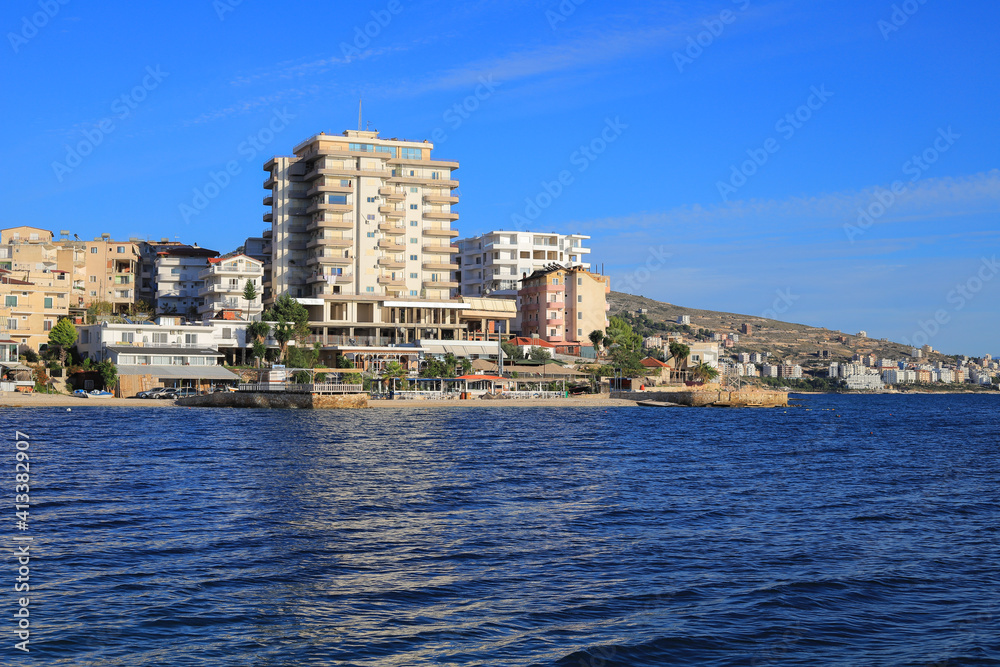 Hotels building and sea view in Saranda city