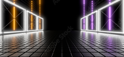 Fototapeta Naklejka Na Ścianę i Meble -  Sci Fy neon lamps in a dark tunnel. Reflections on the floor and walls. 3d rendering image.