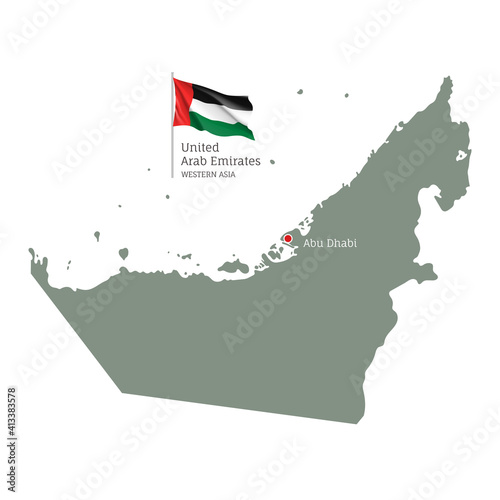 Silhouette of UAE country map. Detailed map of United Arab Emirates with national flag and Abu Dhabi capital, Western Asia country territory borders vector illustration on white background