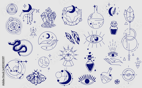 Esoteric element collection. Doodle esoteric, boho mystical hand drawn elements. Magic and witchcraft, witch esoteric alchemy. Vector