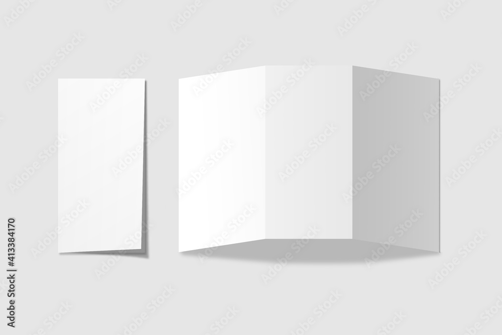 Realistic blank DL trifold brochure for mockup. Paper illustration. 3D Render. Realistic blank DL trifold brochure for mockup. Paper illustration. 3D Render.