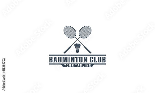 badminton sport logo with racket illustration on white background