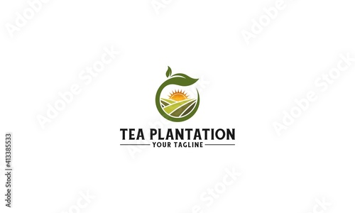 logo for tea plantation with circular tea logo and tea plantation