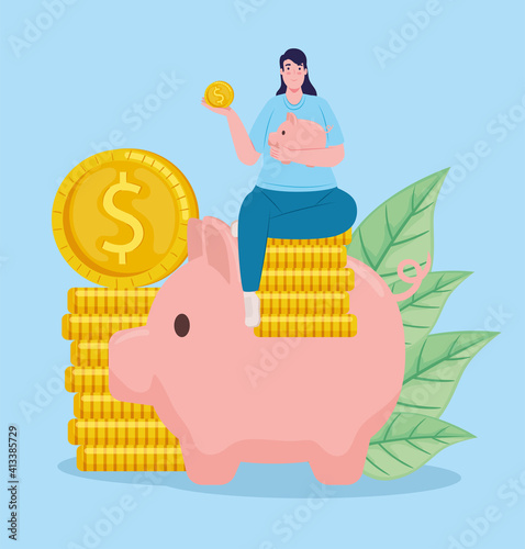 saver female lifting piggy savings seated in coins with leafs vector illustration design