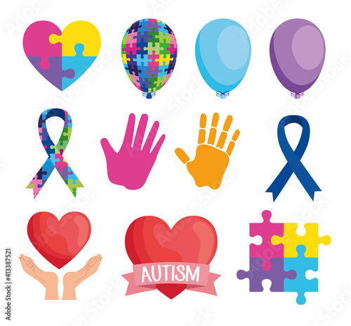 bundle of eleven world autism day set icons vector illustration design