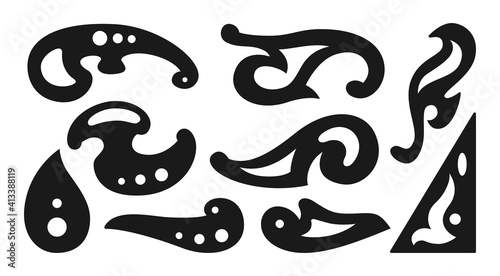 Sewing or drawing template, black silhouette stencil set. Sewing cartoon equipment, patterns and sketchbook dressmaking concept. Hand drawn mold drawing. Vector illustration