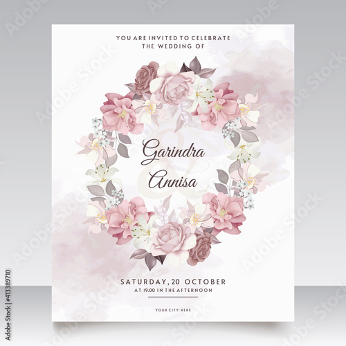 Brown wedding invitation template set with floral frame Premium Vector