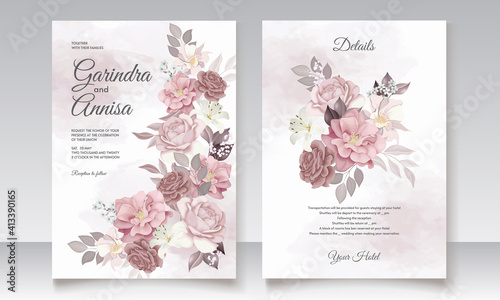 Brown wedding invitation template set with floral frame Premium Vector