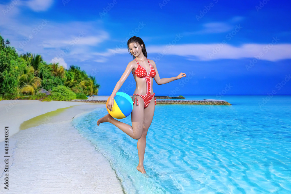 自然豊かな島の海辺でビーチボールを腰に持つ赤いチェック柄の水着を着た笑顔の黒髪の日本人女性が遊んでいる