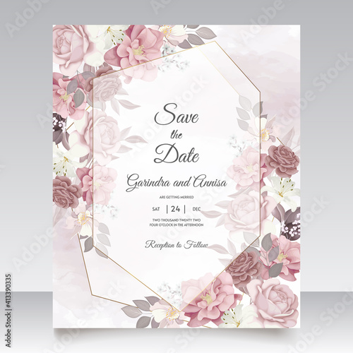 Brown wedding invitation template set with floral frame Premium Vector