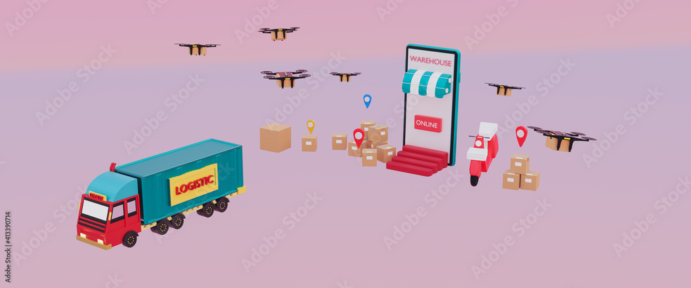 Online delivery smartphone concept,online order shopping,tracking logistic shipping on mobile with map and gps pin,fast transport truck,drone,motorcycle to customer,3d render illustration web banner