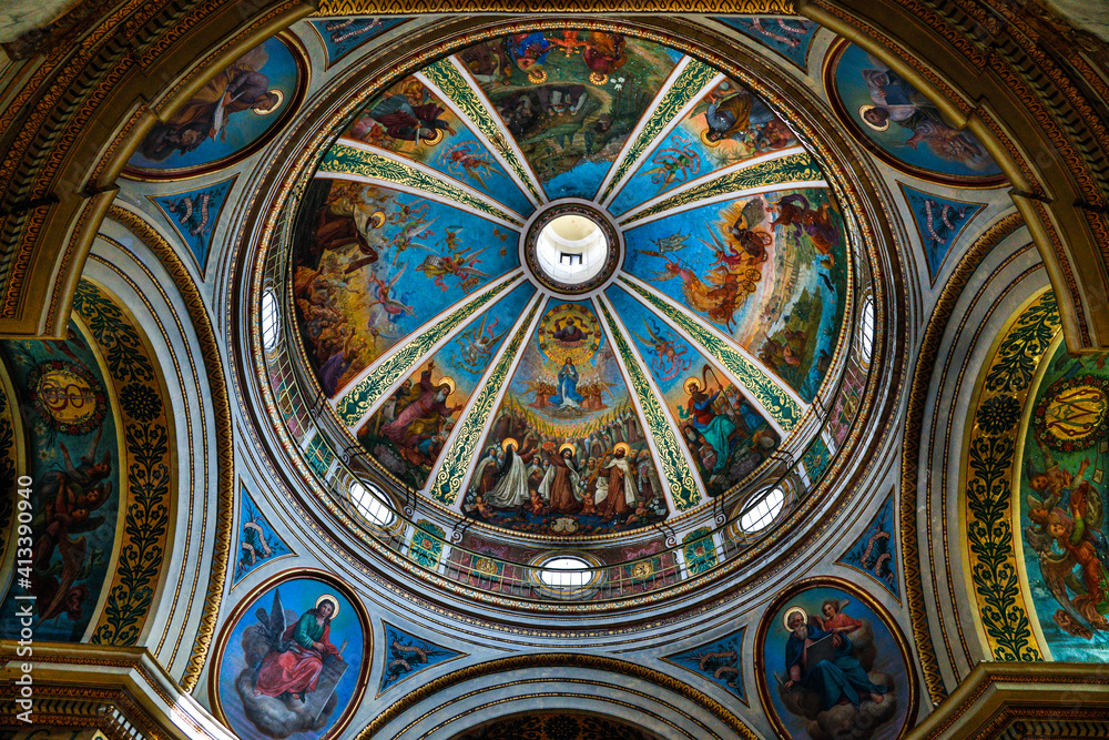Israel, Mount Carmel. Stella Maris Monastery, ceiling depicting Elijah's ascent into heaven.