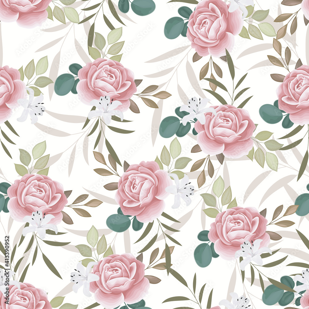  Beautiful seamless pattern beautiful flower and leaves Premium Vector