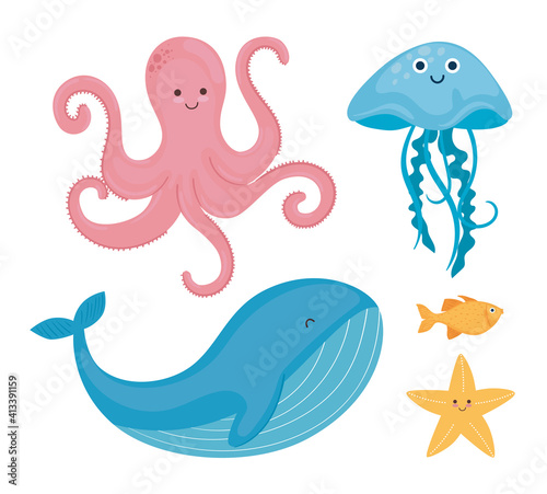bundle of five underwater world set icons vector illustration design