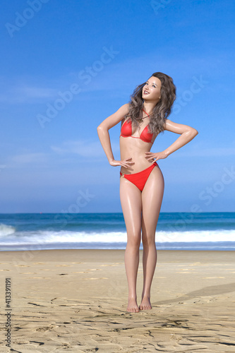 青い海と空を背景に砂浜の上で赤いビキニを着たロングヘアの女性が腰に手を当てながら可愛くポーズをする