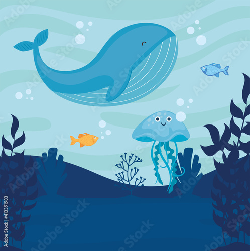 underwater world with whale seascape scene vector illustration design