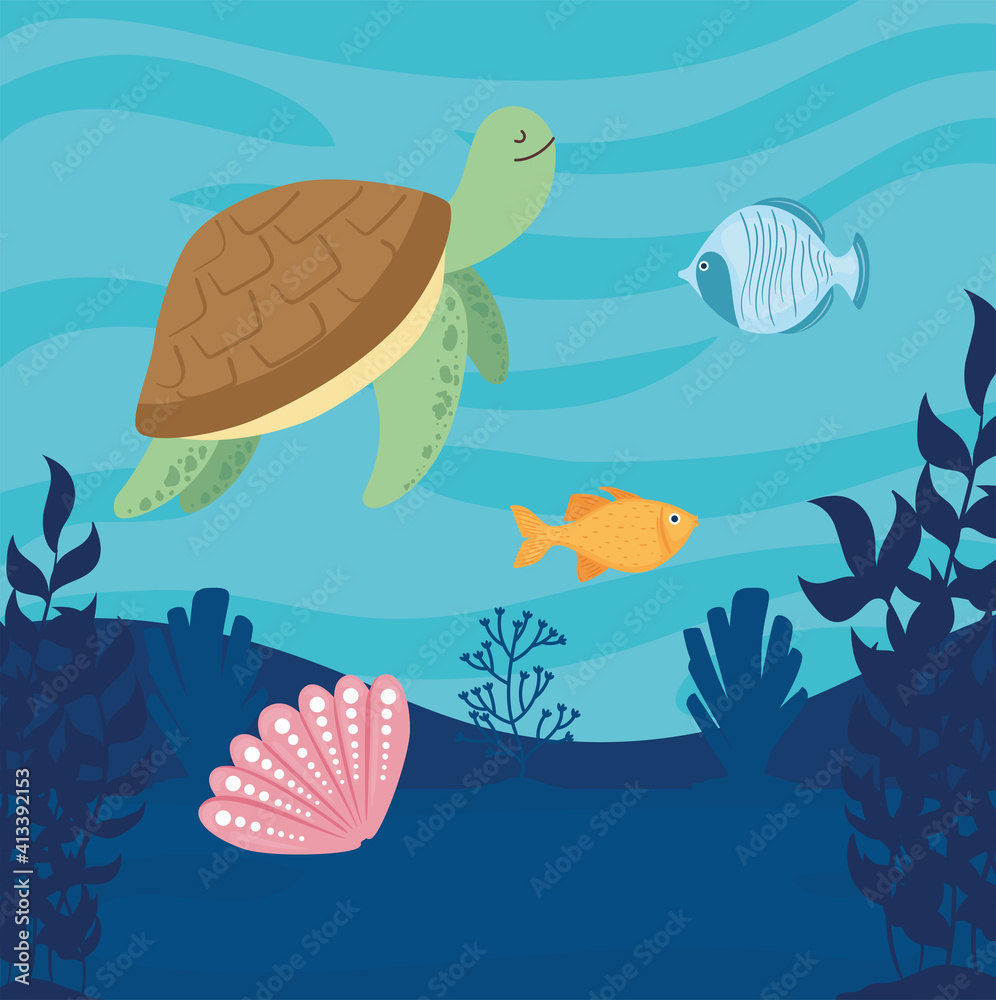 underwater world with tortoise and fish seascape scene vector illustration design