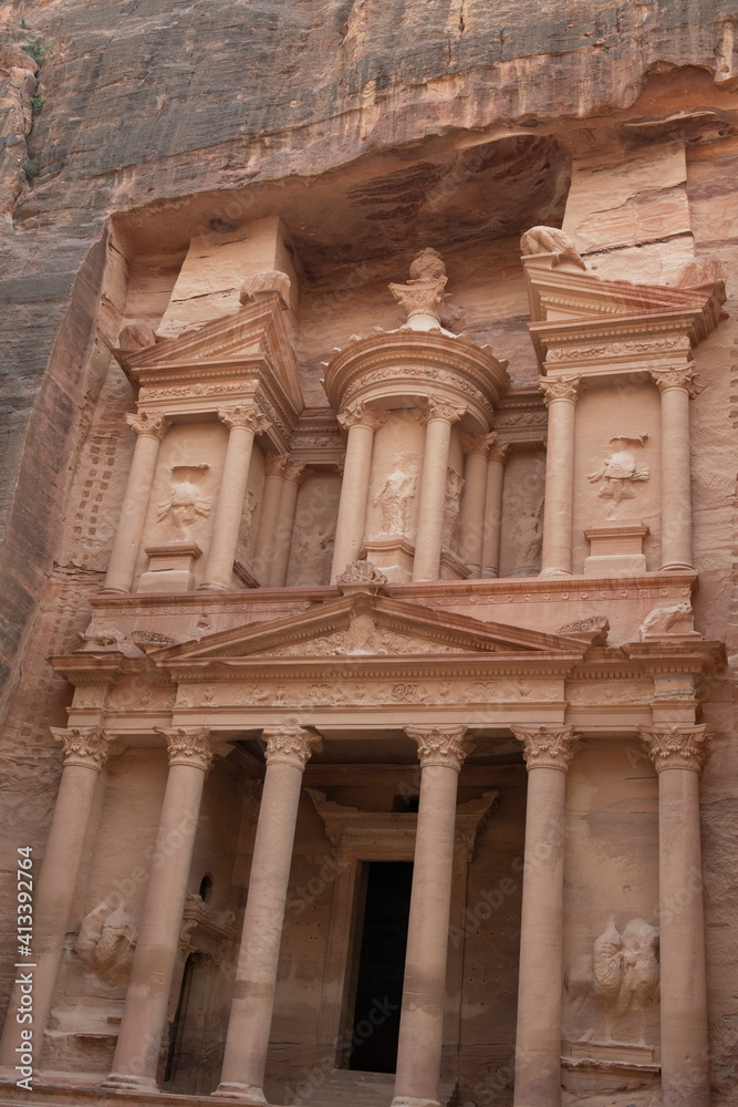 Jordan, Petra (UNESCO) The Treasury (aka Al Khazna) located at the end of the Siq. Petra's most famous facade, circa 1 B.C. decorated with Corinthian capitals.
