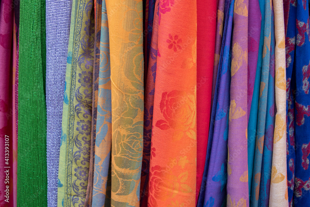 Singapore, Chinatown. Detail of typical textile souvenir scarves. Singapore, Chinatown. Detail of typical textile souvenir scarves.