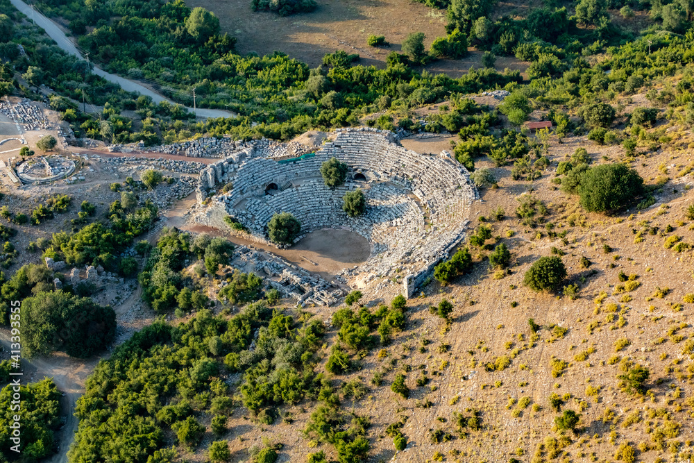 Aerial view of the amphitheater in the ancient city of Kaunos, Dalyan, Mugla, Turkey.
