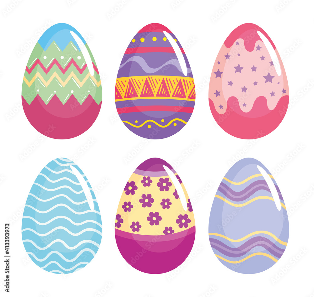 happy easter six eggs painted set icons vector illustration design