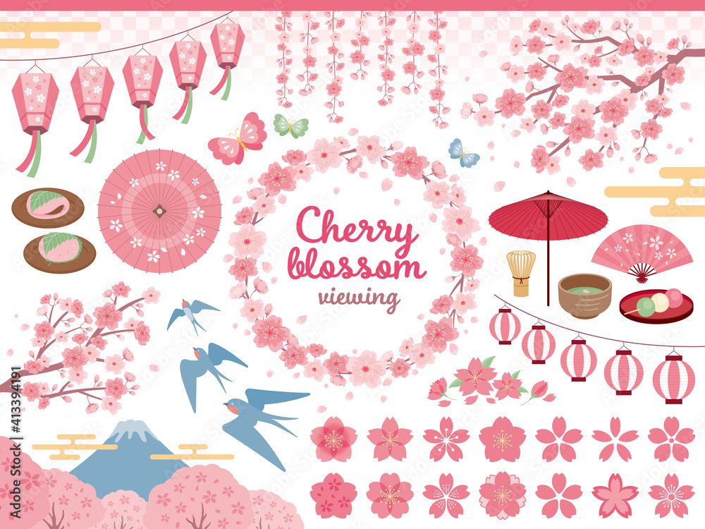 春 桜のお花見と茶会のイラストセット 春 桜のお花見と茶会のイラストセット