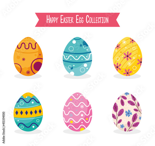 happy easter lettering card with eggs painted vector illustration design