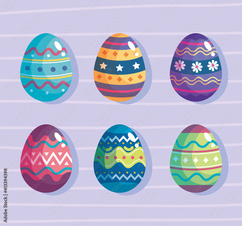 happy easter celebration bundle of six eggs vector illustration design