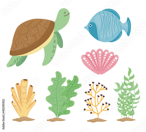 bundle of seven underwater world set icons vector illustration design