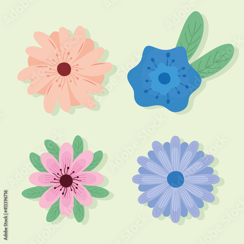 bundle of four flowers spring set icons vector illustration design