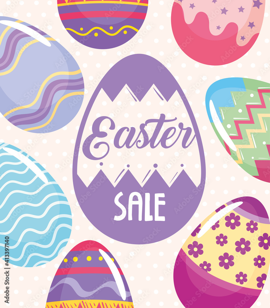 happy easter season sale poster with eggs painted pattern vector illustration design