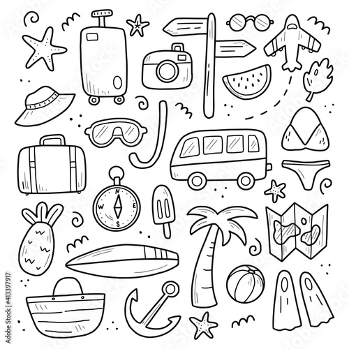 Hand drawn set of travel summer vacation elements, luggage, map, suitcase, sea star. Doodle sketch style. Travel element drawn by digital pen. Illustration for banner, background, icon, logo design.