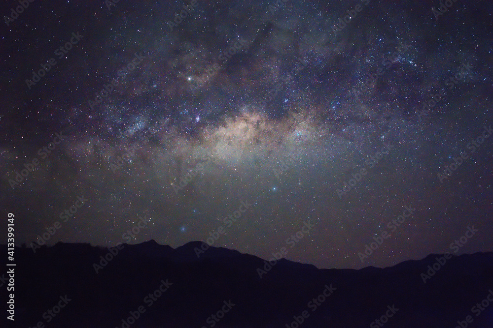 Clearly milky way galaxy at night. Image contains noise and grain due to high ISO. Image also contains soft focus and blur due to long exposure and wide aperture.