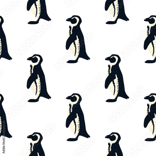 Isolated seamless arctic animal patern with cute penguin silhouettes. White background. Simple design.